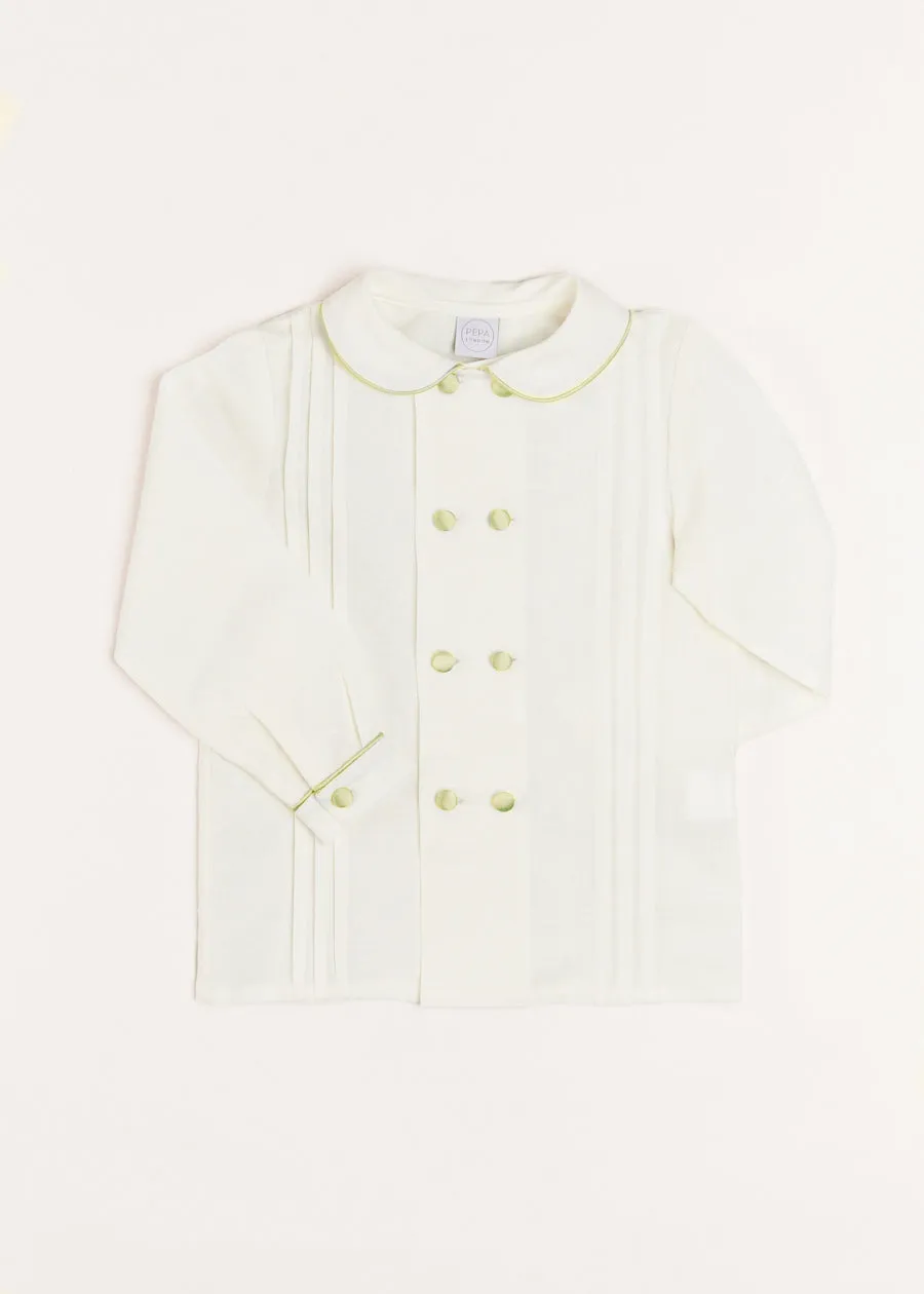 Double-Breasted Peter Pan Collar Shirt with Green Silk Piping (12mths-10yrs)