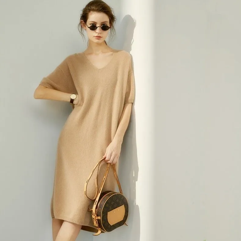 European and American trend V-neck high-grade cashmere sweater dress