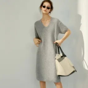 European and American trend V-neck high-grade cashmere sweater dress