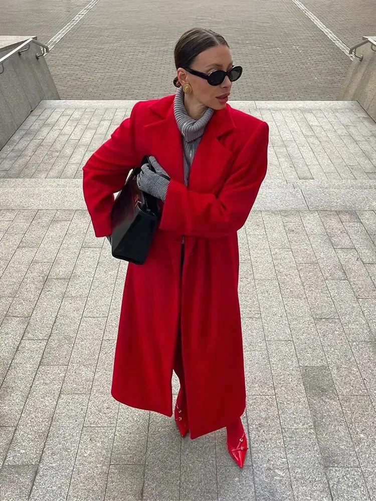 Fashionkova Retro Red Loose Big Lapel Cardigan Overcoats Women Casual Long Sleeve Split Cropped Coat 2024 Autumn Winter Lady High Streetwear