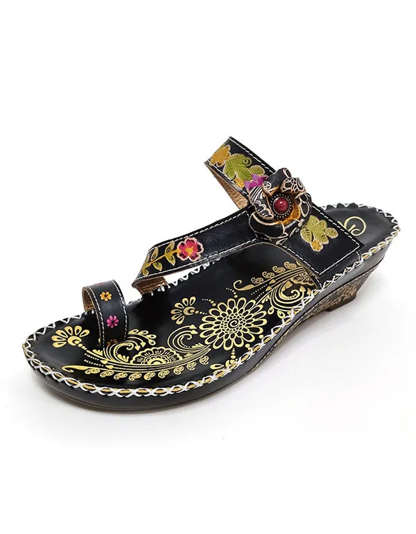 Flip-Flops Cowhide Ethnic Shoes Handmade Floral