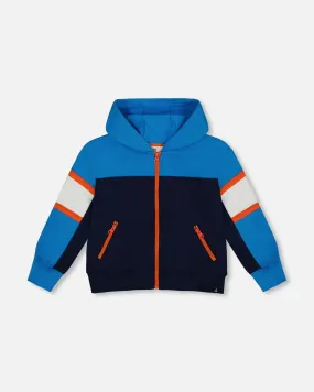 Full Zip Colorblock Hooded Fleece Sweatshirt Navy