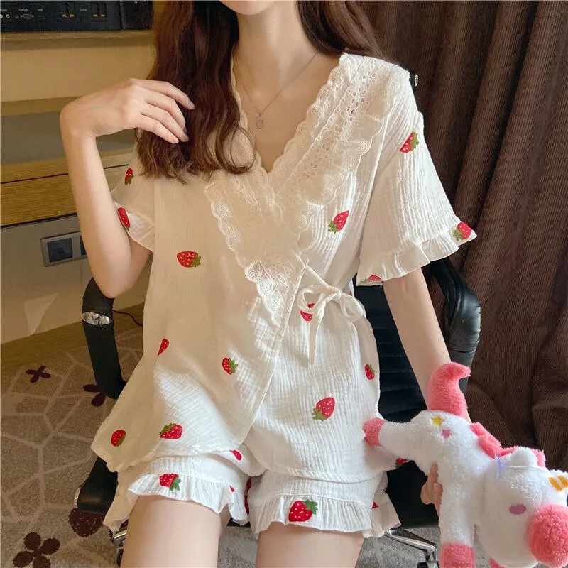 Getadme Cotton Sleepwear Korean Pajamas for Women Summer Pijama Cherry Print Pyjamas Female Set Woman 2 Piece Cute Loungewear