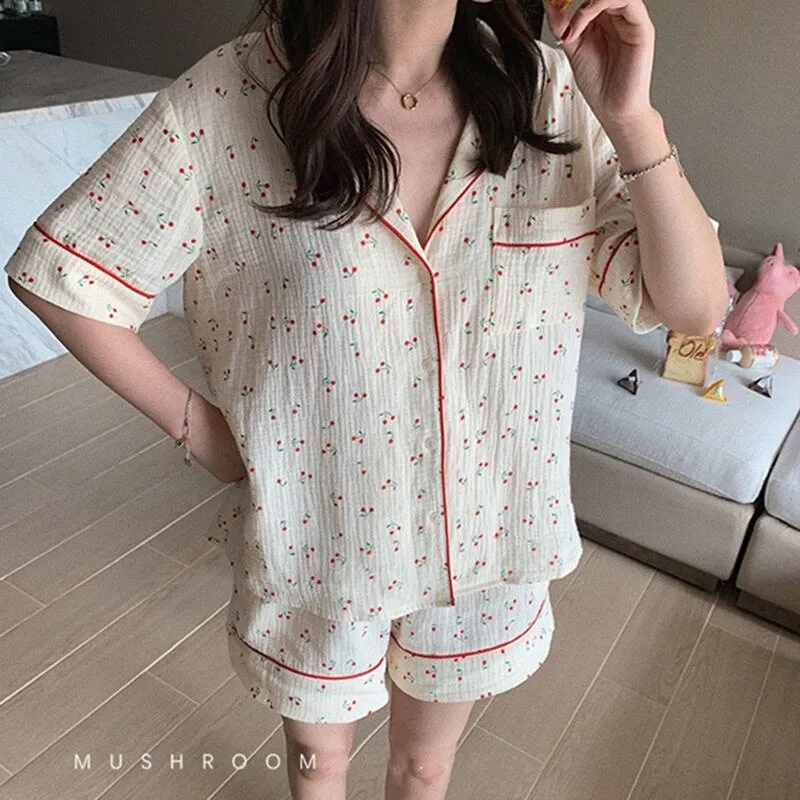 Getadme Cotton Sleepwear Korean Pajamas for Women Summer Pijama Cherry Print Pyjamas Female Set Woman 2 Piece Cute Loungewear