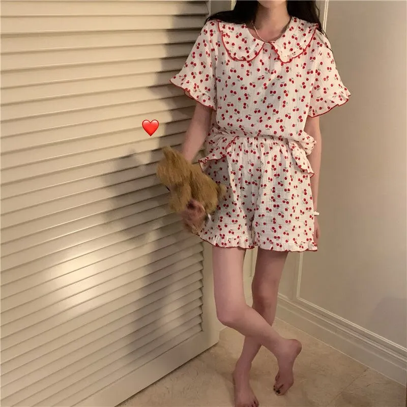 Getadme Cotton Sleepwear Korean Pajamas for Women Summer Pijama Cherry Print Pyjamas Female Set Woman 2 Piece Cute Loungewear