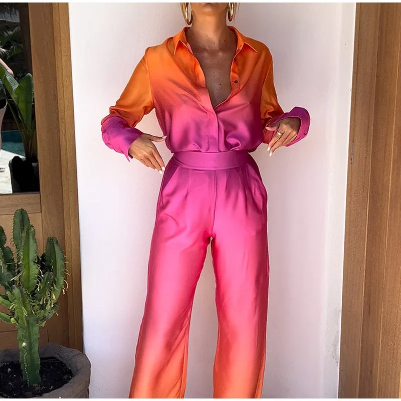 Getadme Gradient Color Two-Piece Pants Suits Women Pajamas Set Long Sleeve Lapel Button down Shirts High Waist Long Pants Lady Outfit