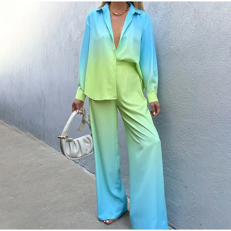 Getadme Gradient Color Two-Piece Pants Suits Women Pajamas Set Long Sleeve Lapel Button down Shirts High Waist Long Pants Lady Outfit