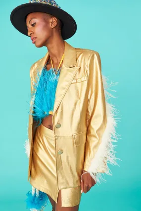 Gold Vegan Blazer Feather Trim Sleeves