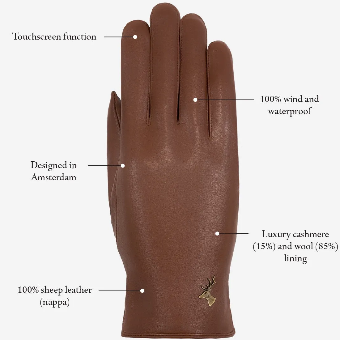 Ivy (brown) - sheepskin leather gloves with wool/cashmere lining & touchscreen feature