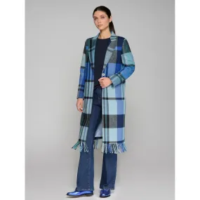 Katherin Checked Fringed Detail Wool Mix Coat Blue Check