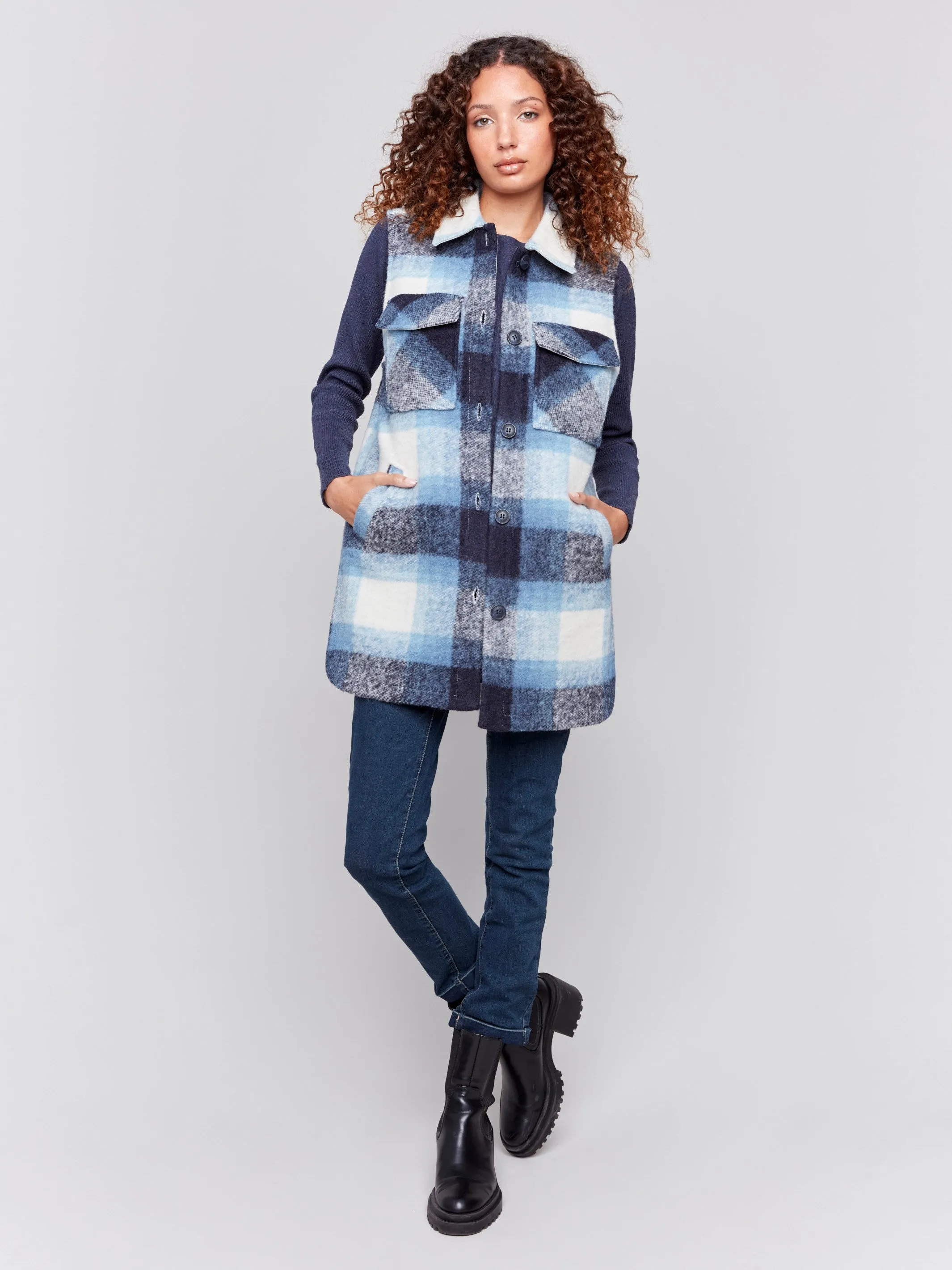 Long Boiled Wool Vest - Denim