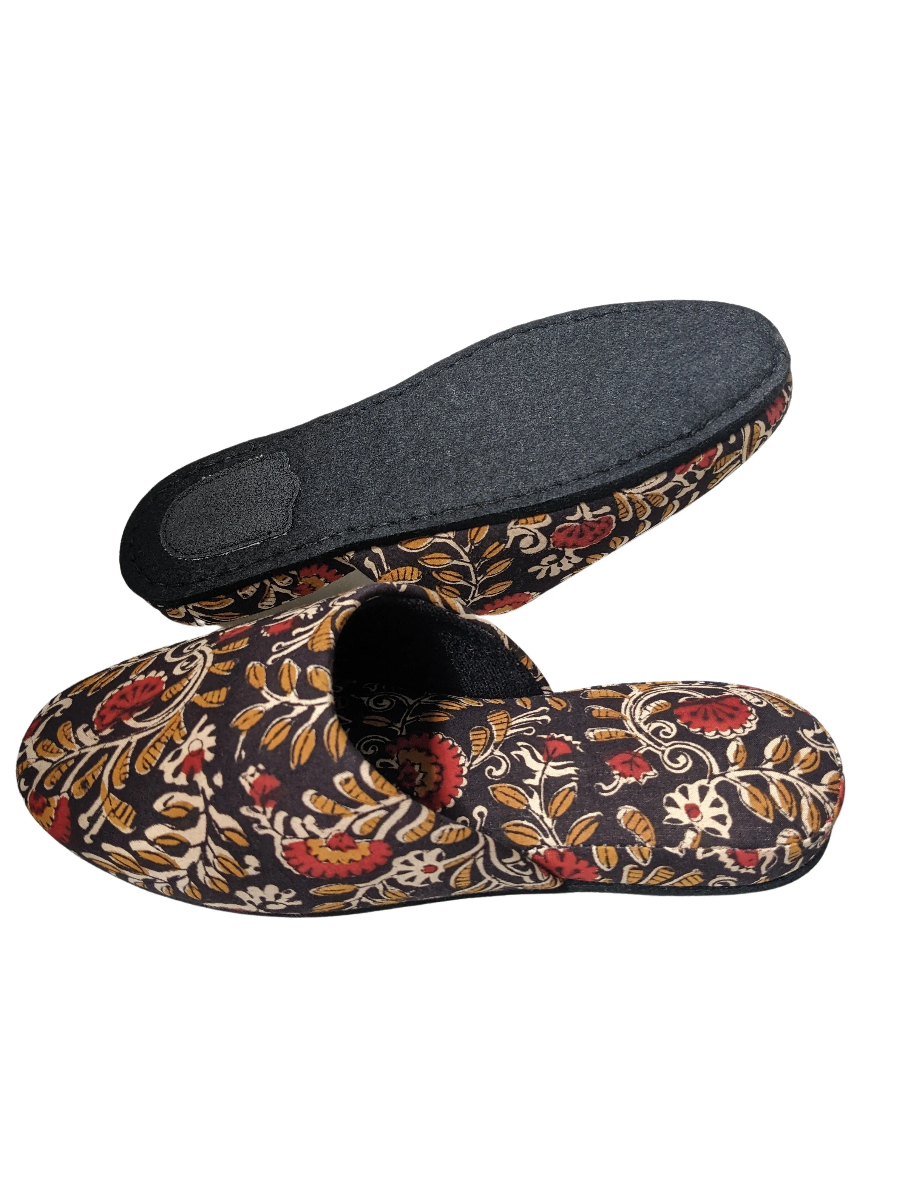 Medium Block Printing Flowers Mix Slippers [Black wool felt soles] MF2206 [Size Medium]