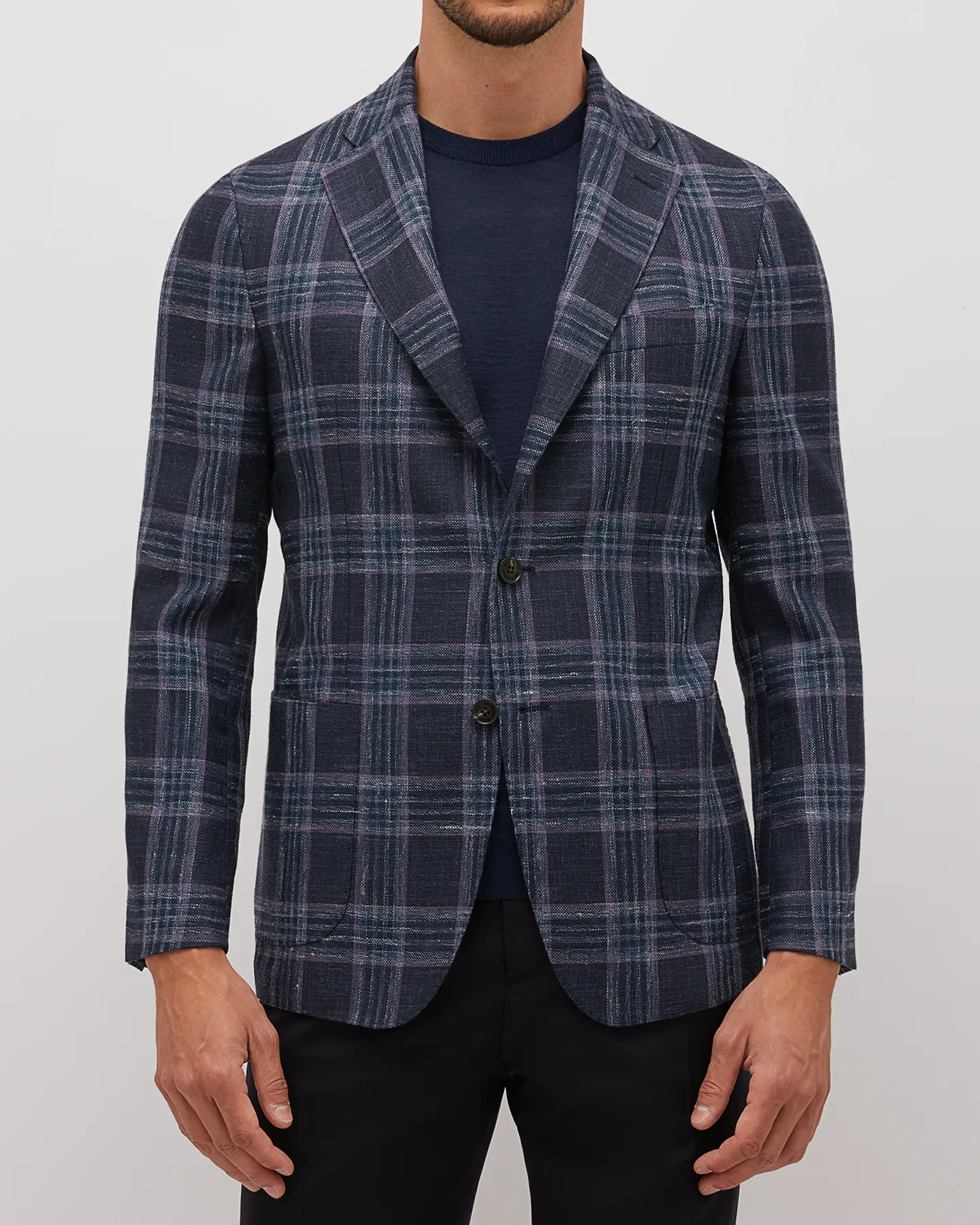 NAVY AND PURPLE PLAID VIRGIN WOOL BLEND SOFT COAT