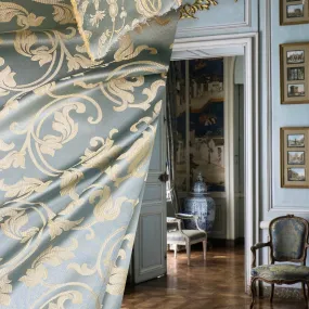 NEW Lord Percephone Neoclassical Floral Duck Egg Blue and Gold Upholstery and Drapery Fabric