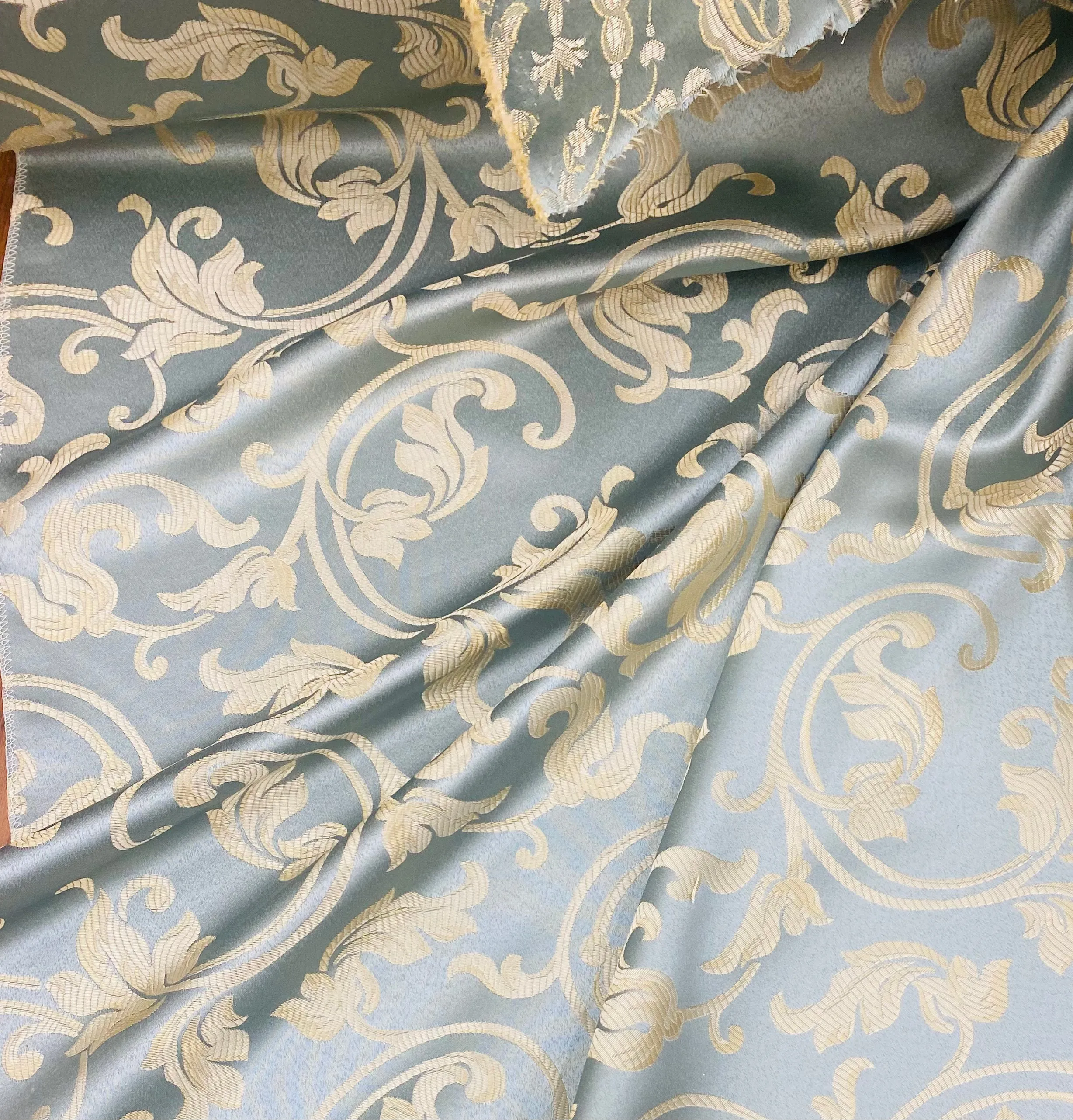 NEW Lord Percephone Neoclassical Floral Duck Egg Blue and Gold Upholstery and Drapery Fabric