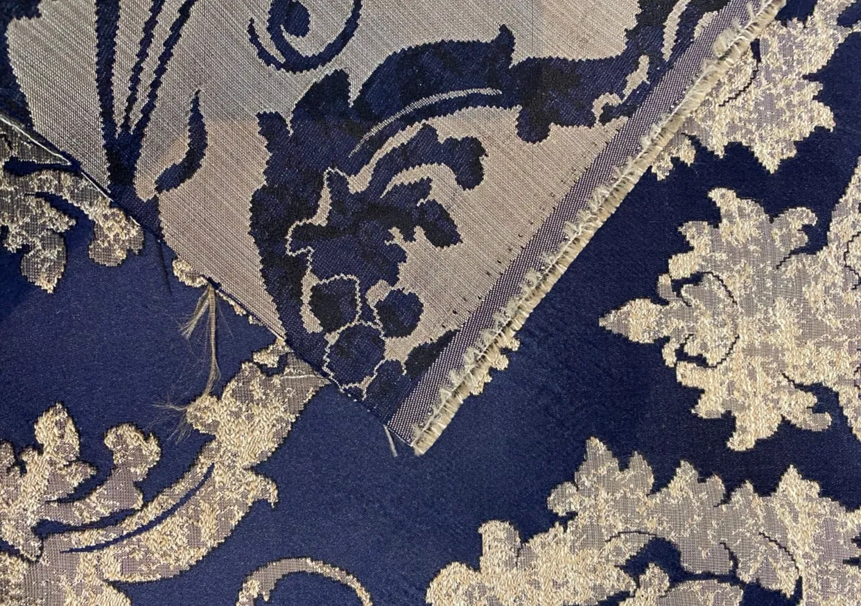 NEW Lord Tustin Brocade Upholstery & Drapery Satin Medallion Fabric - Navy Blue