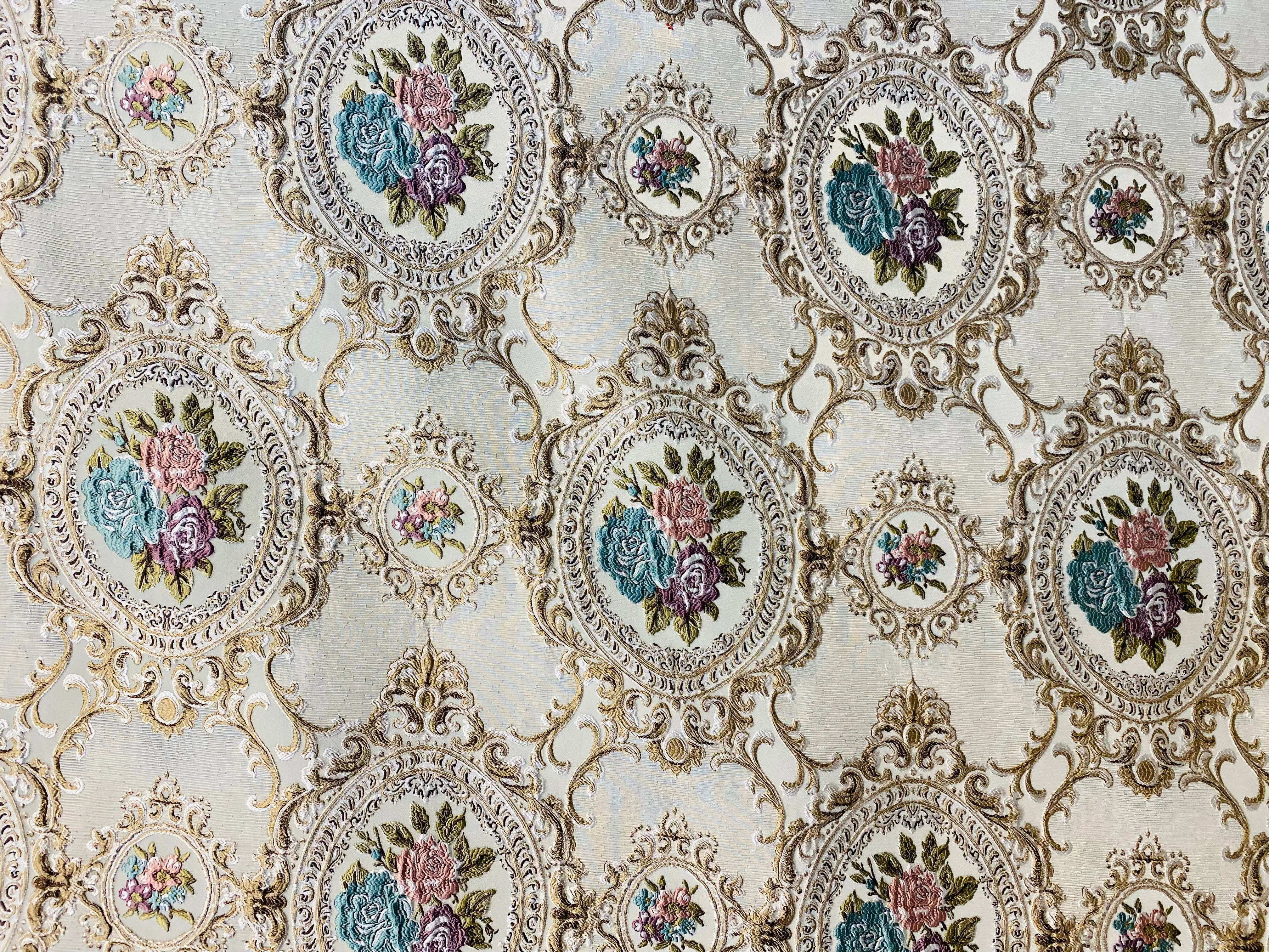 NEW Queen Rose Designer Brocade Satin Fabric- Antique Blue Pink Roses - Upholstery