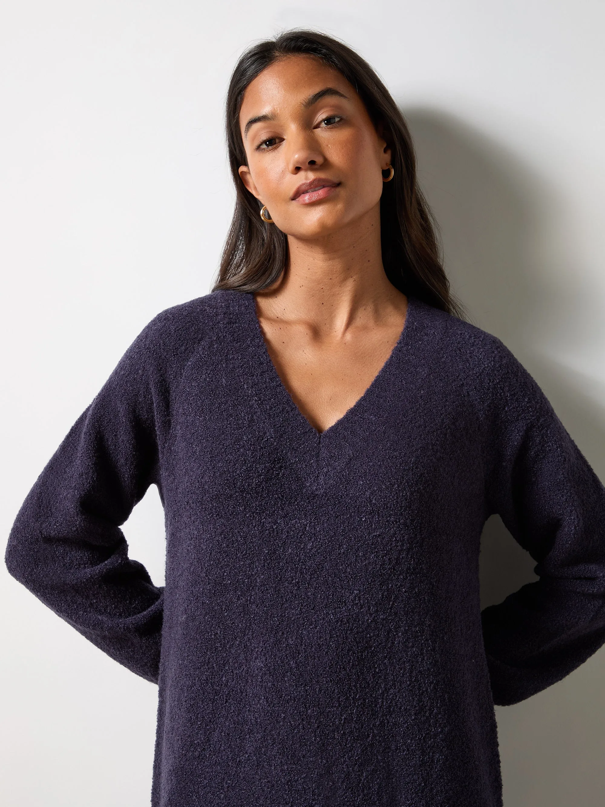 Petite Navy V-Neck Textured Knit Dress