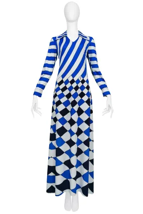 ROBERTA DI CAMERINO TROMPE L'OEIL BLUE, WHITE &amp; BLACK CHECK MAXI DRESS