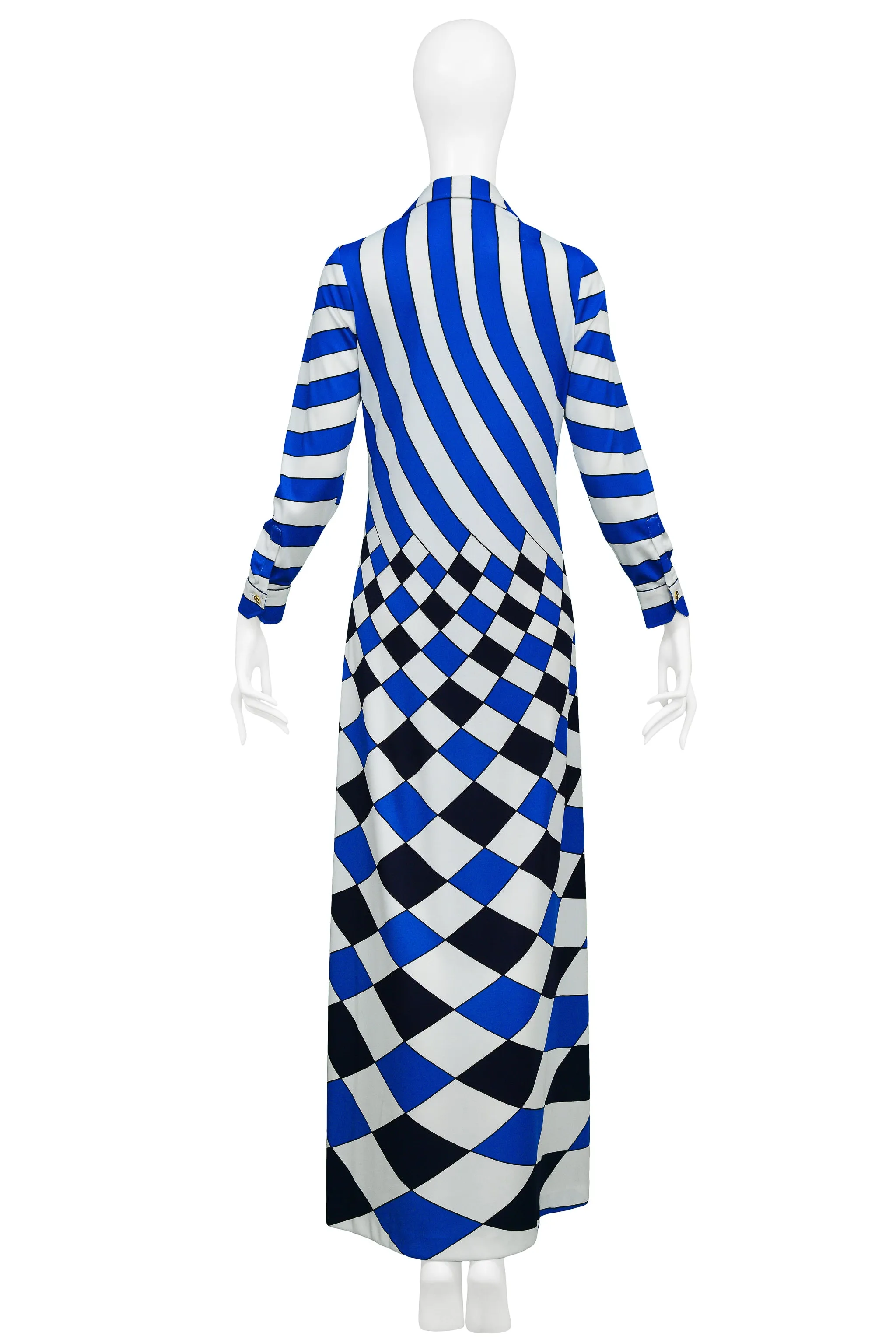 ROBERTA DI CAMERINO TROMPE L'OEIL BLUE, WHITE &amp; BLACK CHECK MAXI DRESS