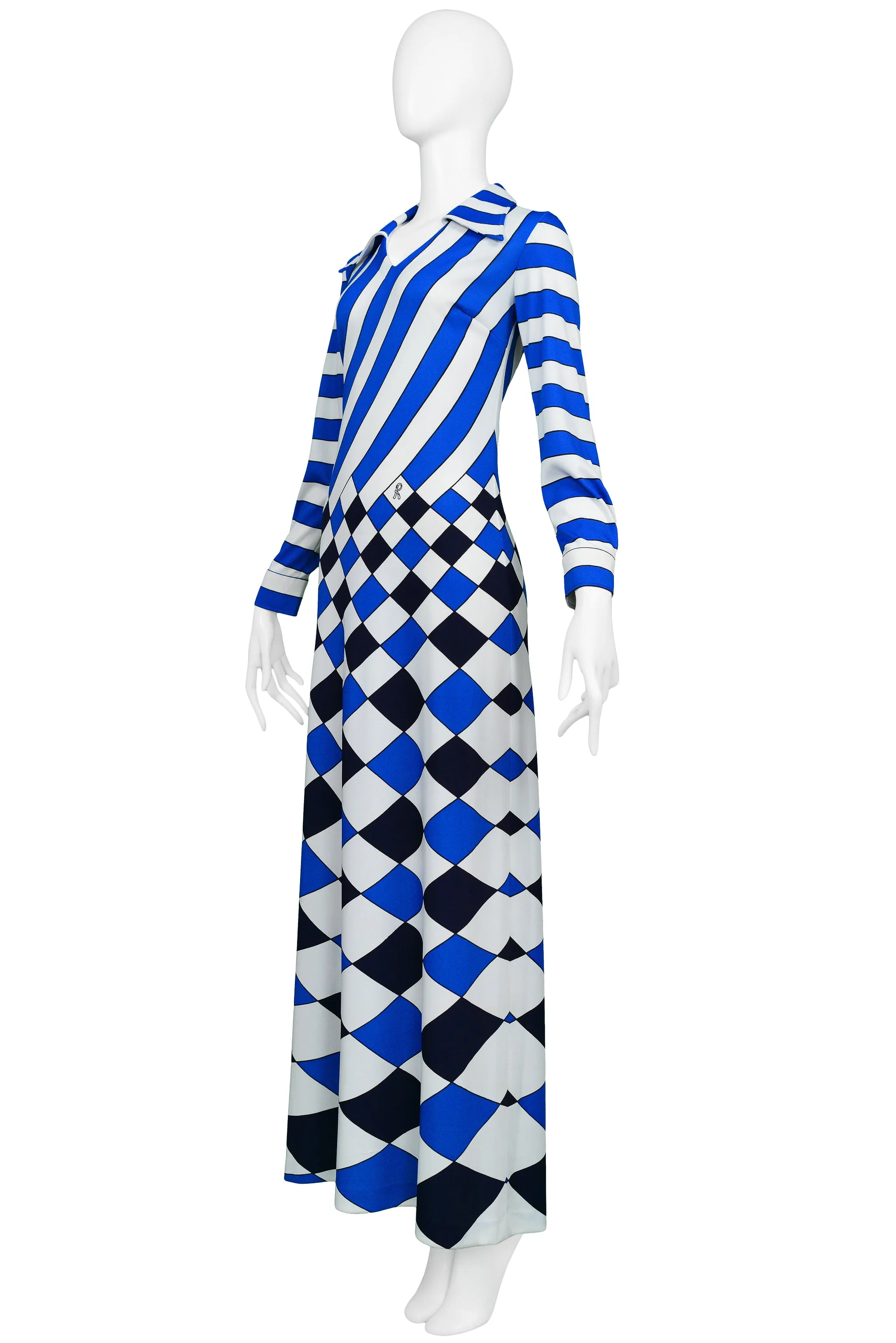 ROBERTA DI CAMERINO TROMPE L'OEIL BLUE, WHITE &amp; BLACK CHECK MAXI DRESS