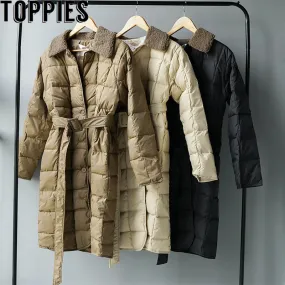 Winter Jacket Women Long Coat Lamb Wool Collar Parka Button Belt Women Clothes