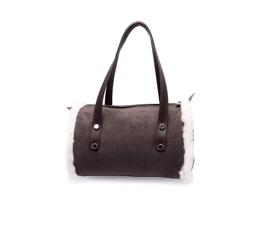 Women Sheepskin Wool Medium Hand Carry Zip Barrel Bag